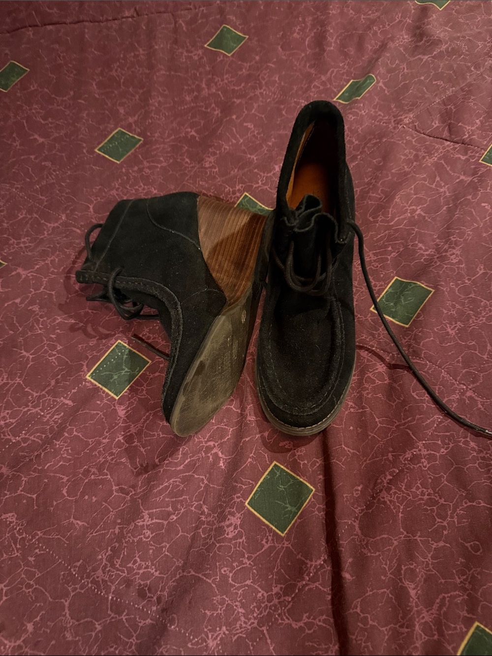Lucky Brand Black Suede Chukka Boots with Stacked Wood Heel